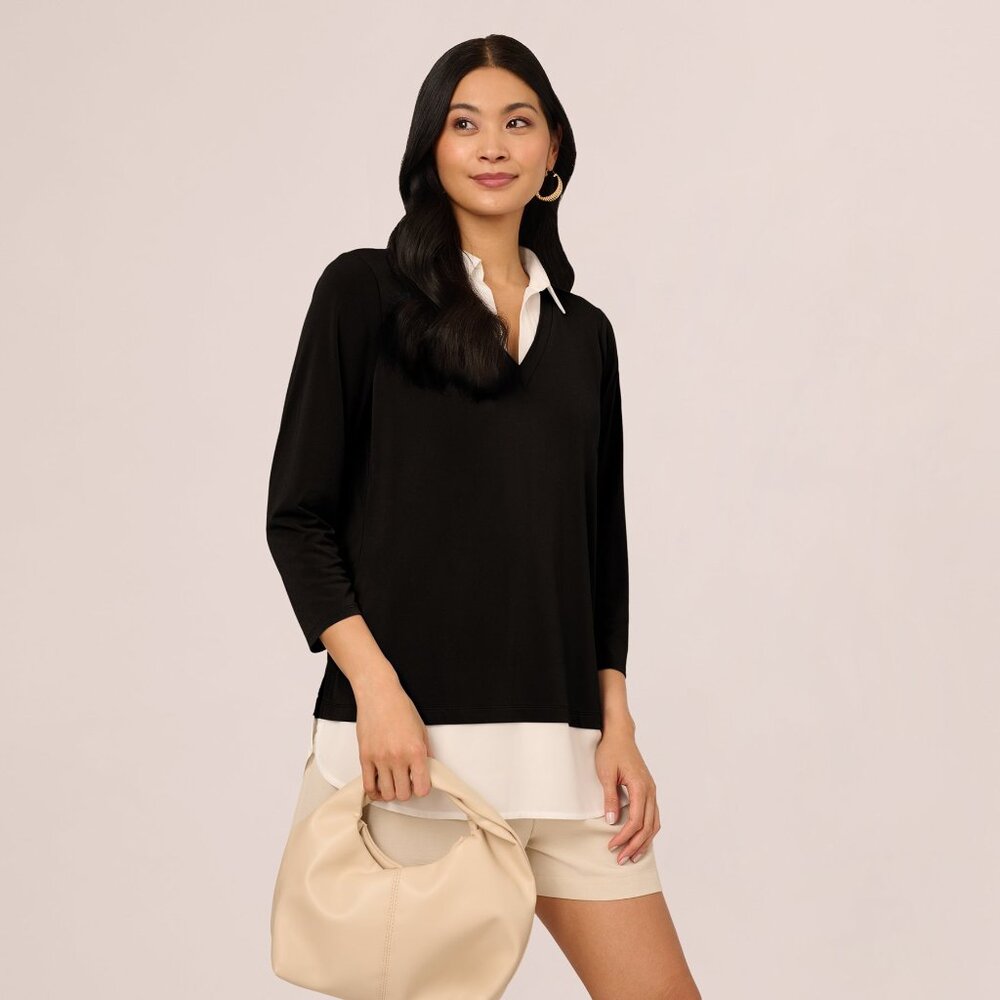 🆕 Adrianna Papell Three Quarter Sleeve Collared Twofer Sweater size L